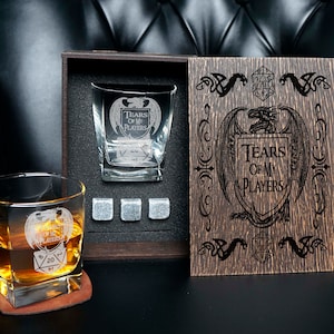 Game Master Personalized whiskey gift set in wood box Tears of My Players engraved whisky glass unique gift for gamer