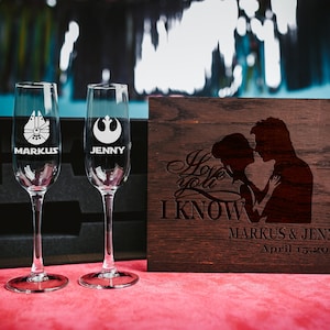 2er Set Champagner Gläser in Holzbox, + Tortenheber