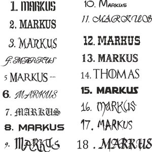 May include: A collection of 18 different handwritten versions of the name "Markus" in black ink on a white background. The name is written in various styles, including cursive, block letters, and a combination of both.
