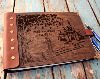 Libro degli ospiti personalizzato per la Quinceañera: album in legno e pelle inciso al laser