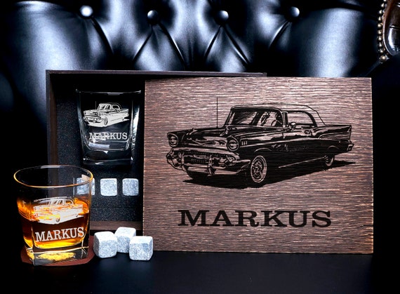 A Chevy '57-themed personalized whiskey set in a wood box — the retro-auto angle gives it a specific personality that makes it a dead-on gift for a classic car guy.