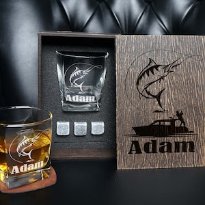 Personalized whiskey glass, Marlin, Fishing Gifts for Men, Whiskey Glass Set, Gift for Fisherman, Gift for Outdoorsman