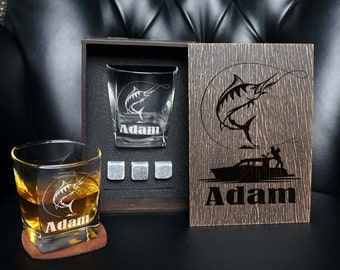 Personalized whiskey glass, Marlin, Fishing Gifts for Men, Whiskey Glass Set, Gift for Fisherman, Gift for Outdoorsman
