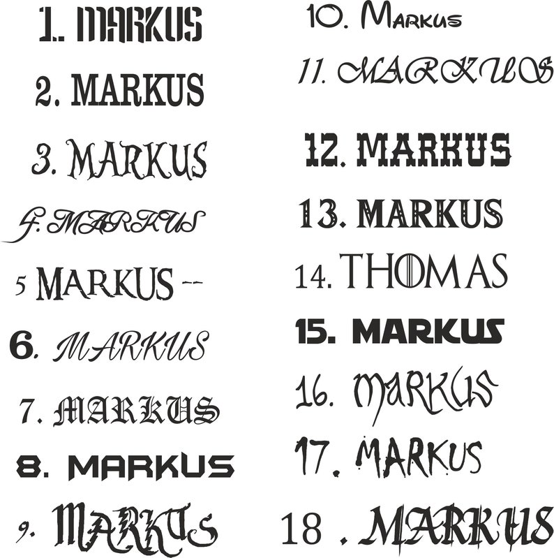 May include: A collection of 18 different handwritten versions of the name "Markus" in black ink on a white background. The name is written in various styles, including cursive, block letters, and a combination of both.