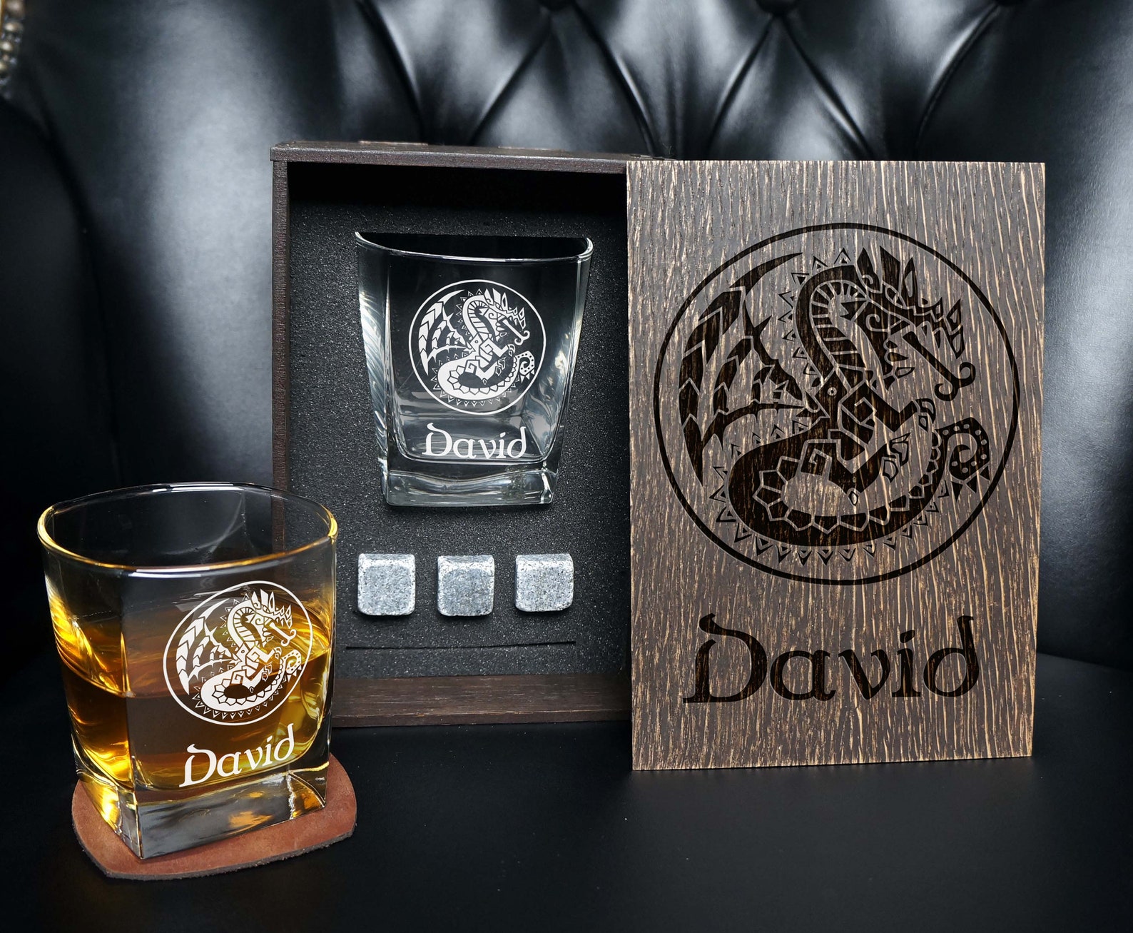 Personalized Gift Whiskey Gift Set in Wood Box Glass Gifts - Etsy