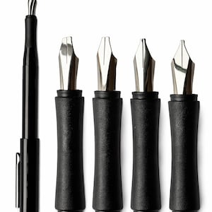 May include: A black fountain pen with a silver nib is shown alongside four black pen nib holders with silver nibs. The writing instruments are arranged on a white background, highlighting the design and craftsmanship of the pens.