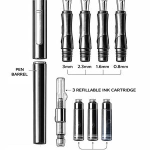 May include: A diagram of a calligraphy pen set, featuring interchangeable steel nibs. The set includes a pen barrel, four nibs of different sizes (3mm, 2.3mm, 1.6mm, 0.8mm), three refillable ink cartridges, and three ink cartridges (2 black, 1 blue).