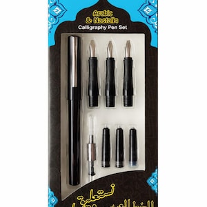 May include: A calligraphy pen set in a box. The box is black with a blue and white design. The set includes a black pen, several nibs, and ink cartridges. The text on the box reads "Arabic & Nastaliq Calligraphy Pen Set."