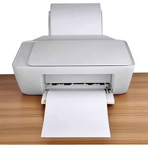 May include: A white inkjet printer with a sheet of paper feeding through the output tray.