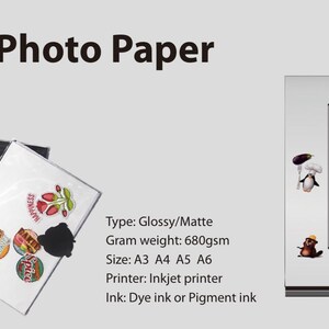 May include: A pack of magnetic photo paper in A4 size. The paper is glossy or matte, weighs 680 grams per square meter, and is compatible with inkjet printers using dye or pigment ink. The image shows a refrigerator with photos attached to it.