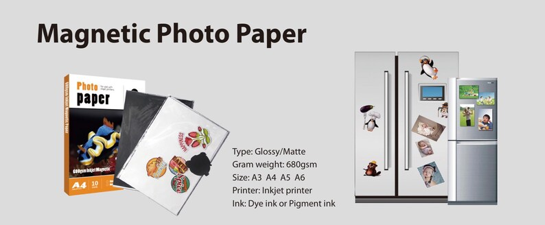 May include: A pack of magnetic photo paper in A4 size. The paper is glossy or matte, weighs 680 grams per square meter, and is compatible with inkjet printers using dye or pigment ink. The image shows a refrigerator with photos attached to it.