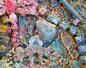 steampunk style mixed media collage canvas, one of a kind wall art, treasures, glass beads and found items 8 by 10 inches, "dream"