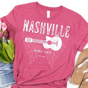 Nashville Music City Country Guitar T-Shirt | Western Graphic Tee for Women | Vintage Acoustic Wear