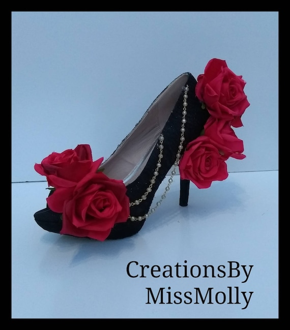 Black Lace Red Rose Chain Heels/ Alice 