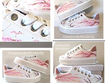 Cherry blossom customised platform lace up glitter trainers
