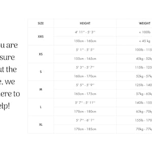 May include: Size chart for clothing with measurements in inches and centimeters, and weight in pounds and kilograms. The chart includes sizes XXS, XS, S, M, L, and XL.