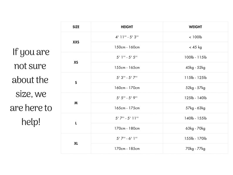 May include: Size chart for clothing with measurements in inches and centimeters, and weight in pounds and kilograms. The chart includes sizes XXS, XS, S, M, L, and XL.