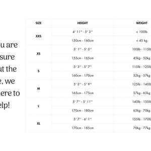 May include: Size chart for clothing with measurements in inches and centimeters, and weight in pounds and kilograms.