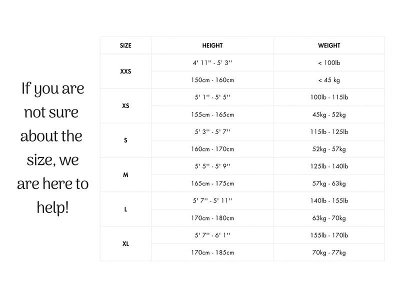 May include: Size chart for clothing with measurements in inches and centimeters, and weight in pounds and kilograms.