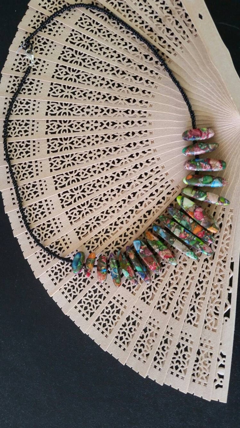 Multicolored stone jewelry set earrings necklace oval stones green red blue orange yellow beads french hooks gift for her