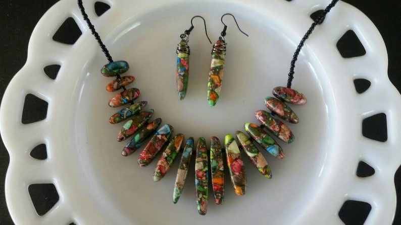 Multicolored stone jewelry set earrings necklace oval stones green red blue orange yellow beads french hooks gift for her