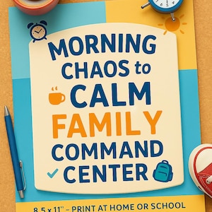 May include: A colorful family command center design with the text "MORNING CHAOS to CALM FAMILY COMMAND CENTER". Includes a coffee cup, alarm clock, pen, and red sneakers. The sign is 8.5 x 11 inches.
