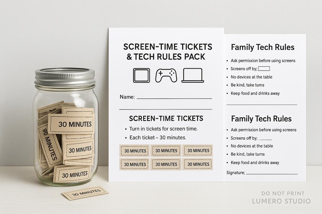Tech Time Tickets Screen Time Tickets & Family Device Rules Printable Chart - Etsy