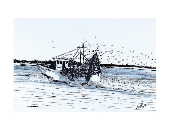 Shrimp Boat Pen and Ink Print: Coastal Savannah GA Art