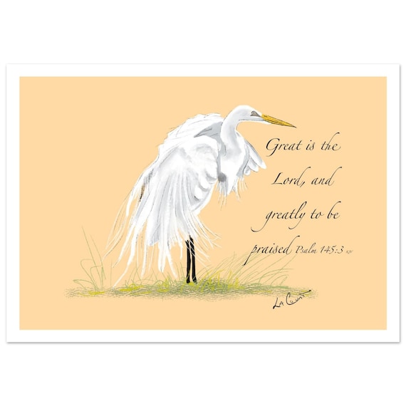 Psalm 145:3 Art Print, Inspirational Verse, Heron Painting (8x12)