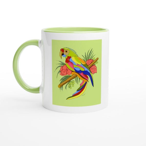 Parrot Ceramic coffee mug a coffee gift of birds of paradise.This Parrot art coffee mug a great coffee gift for her or for a parrot dad gift