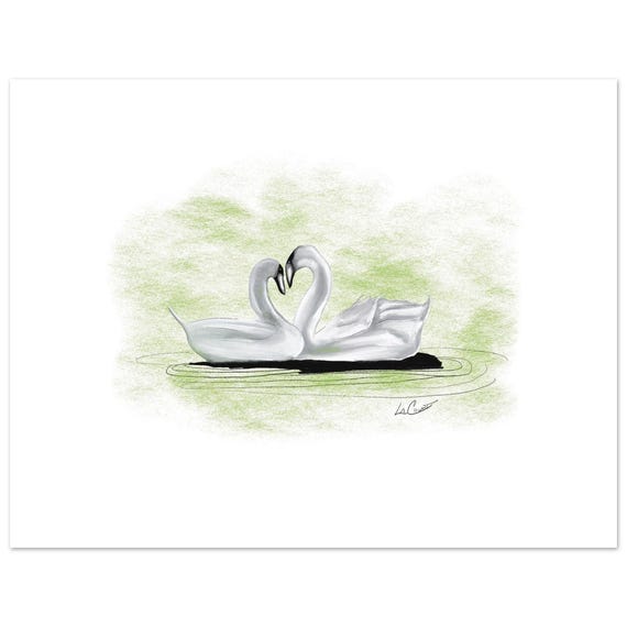 Swan Heart Shape Painting Print - Unframed with White Border - 3 Size Options