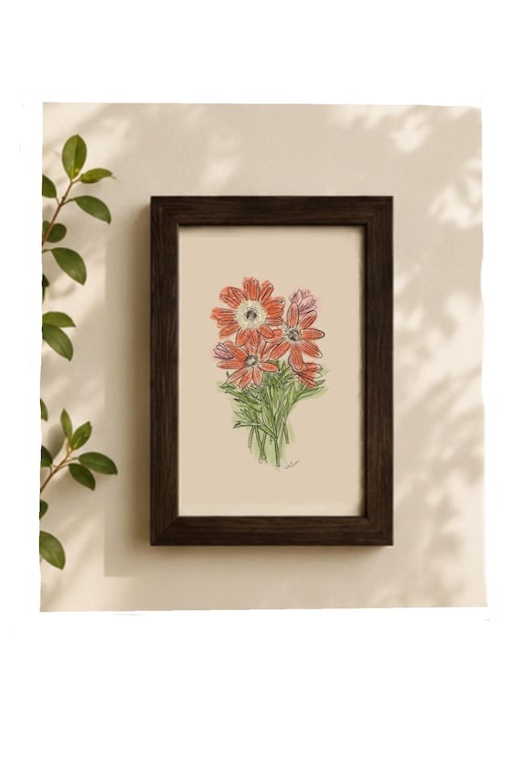 Original Wildflower Artwork | Framed 4x6 Floral Drawing, Botanical Cottagecore Decor