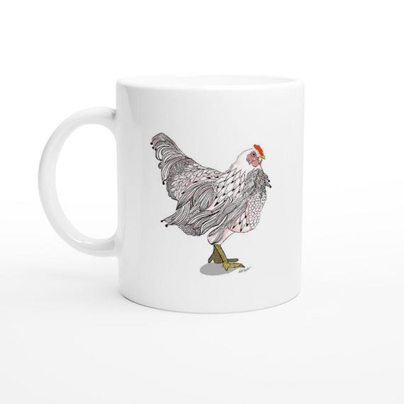 White 11oz Chicken Ceramic Mug a great chicken mom gift for a chicken lover. chicken mug is a great gift for her or a great gift for him.