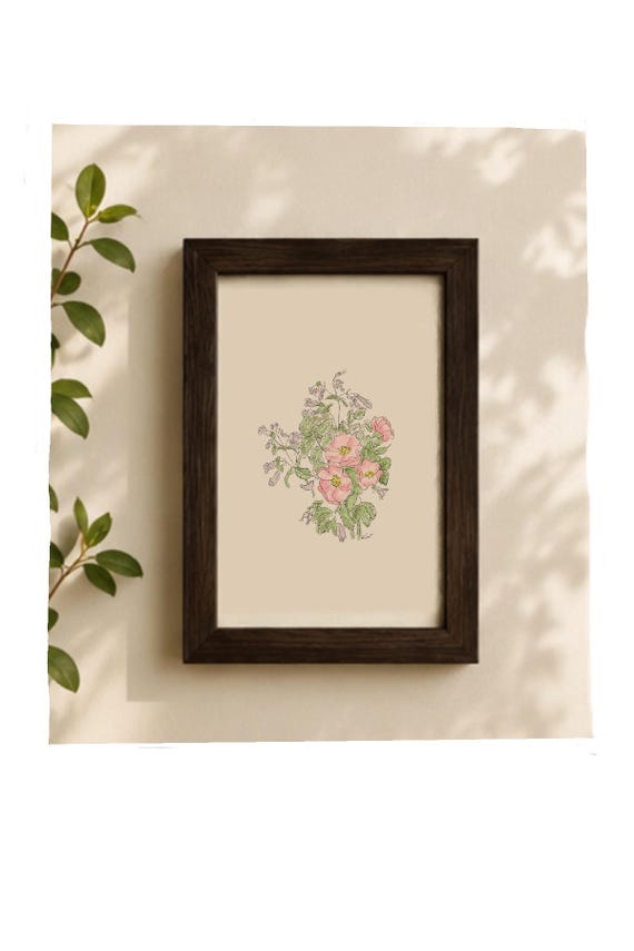 Framed Botanical Wildflower Art Print | Pink Floral Drawing, Cottagecore Wall Decor