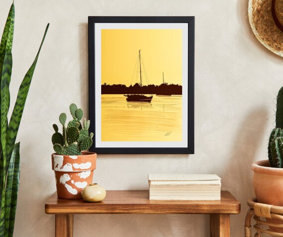Framed Sunset Sailboat Print: Tranquil Seascape Art by LaCount Anderson (11x14 Matted)