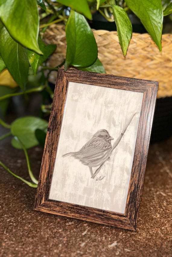 Framed Song Bird Art Print – 4x6 Natural Wood Frame, Cottagecore Wall Decor