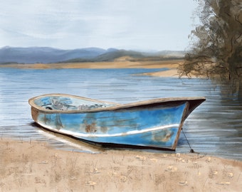 Boat watercolor “Still Going" a blue boat art painting for rustic fishing decor. perfect for a retirement gift or home or office gift