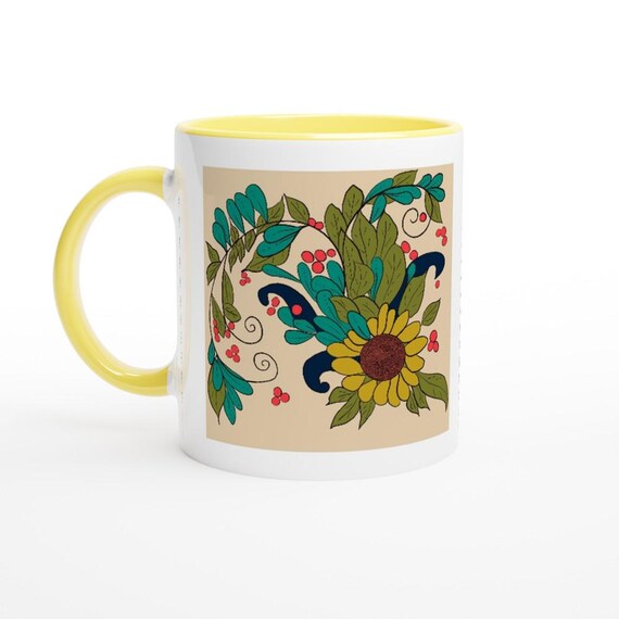 White 11oz Ceramic Mug with Color Inside  Ceramic Yellow. Great gift idea.
