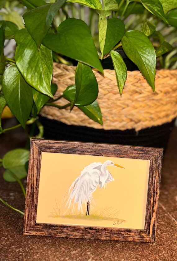 Framed Egret Art Print – 4x6 Wooden Frame, Cottagecore Bird Wall Decor