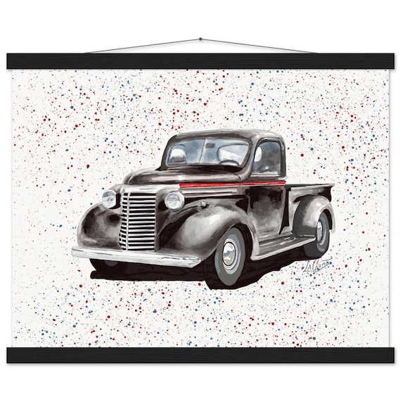 Retro Chevy Truck Print: 1940s Classic Car Poster on Wooden Hanger