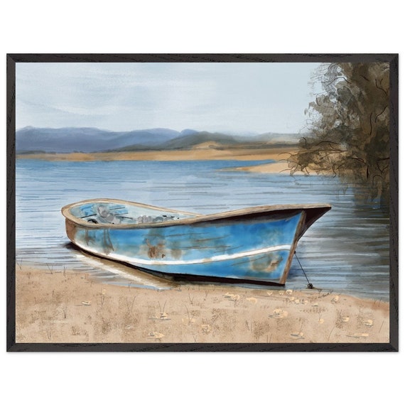 Seaside Serenity: Premium Blue Boat Art Print - Ideal Coastal Home Accent