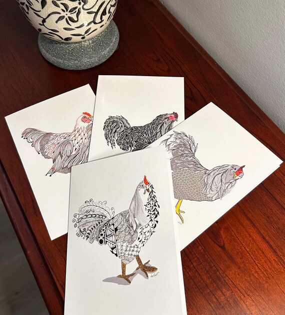 Cheerful Chicken Collection: 4 Note Cards with Unique happy Chickens.  Blank inside