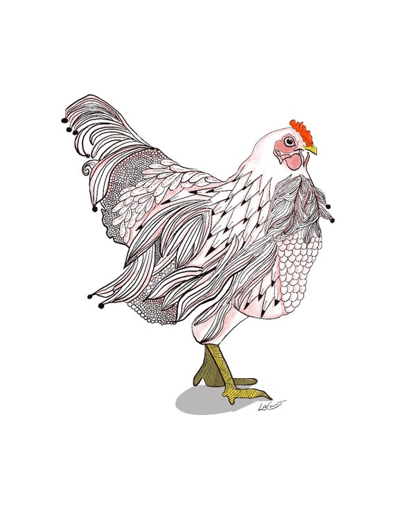 Happy Chicken Matted Print, Charming Whimsical Art on White Background for Unique Home Decoration, Perfect Gift for Animal Lovers