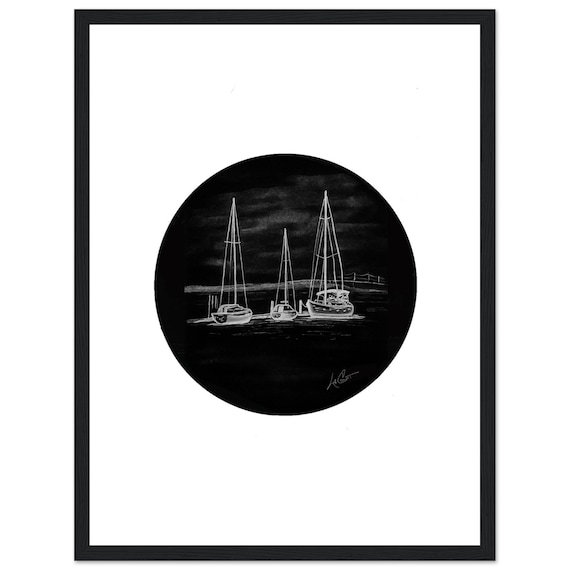 Harbor Calm – Black and White Sailboat Art Print | Nautical Wall Art | Coastal Decor | Night Harbor Drawing by LaCount Anderson