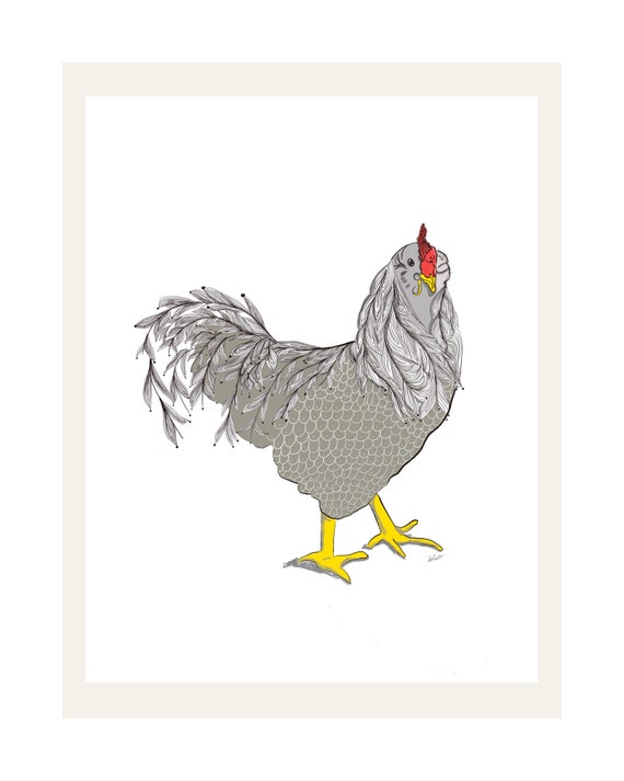 Happy Chicken Matted Print, Charming Whimsical Art on White Background for Unique Home Decoration, Perfect Gift for Animal Lovers