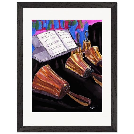 Framed Handbell Print: Watercolor Art, Choir Gift