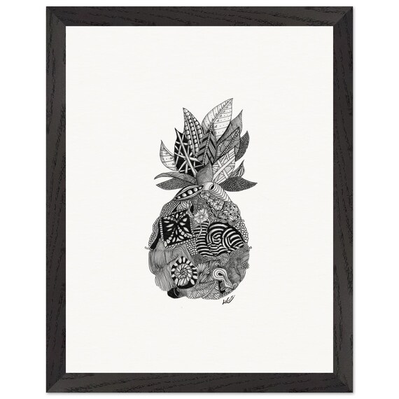 Framed Pineapple Print: Black and White Pen & Ink Tropical Wall Art