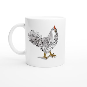 White 11oz Chicken Ceramic Mug a great chicken dad gift for a chicken lover.  chicken mug is a great gift for her or a great gift for him.
