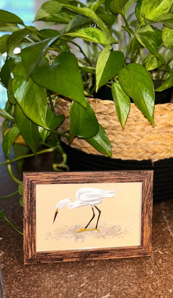 Framed Snowy Egret Art Print – 4x6 Natural Wood Frame, Cottagecore Bird Wall Decor
