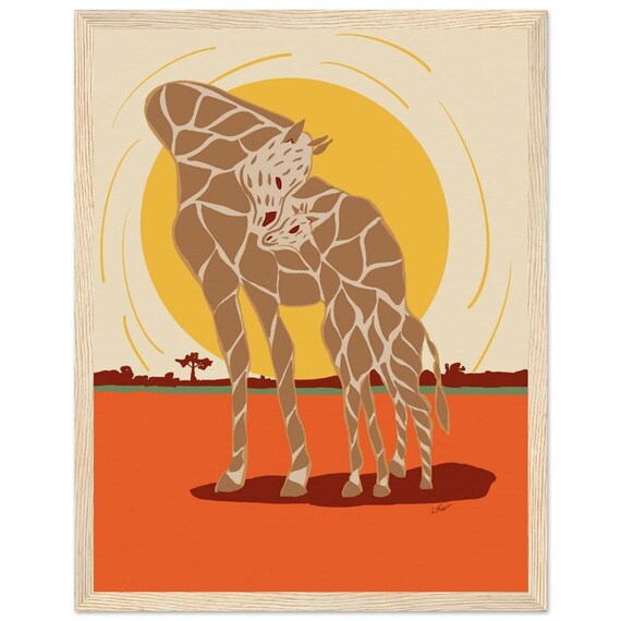 Giraffe Framed Wooden Print, Vibrant African Art Style Wall Decor, Perfect Gift for Jungle and Safari Enthusiasts